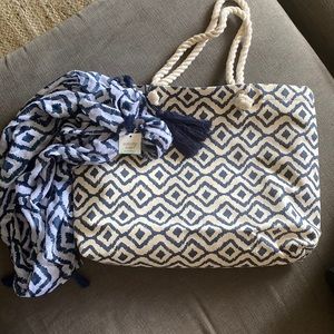 Navy and cream tote bag with matching scarf